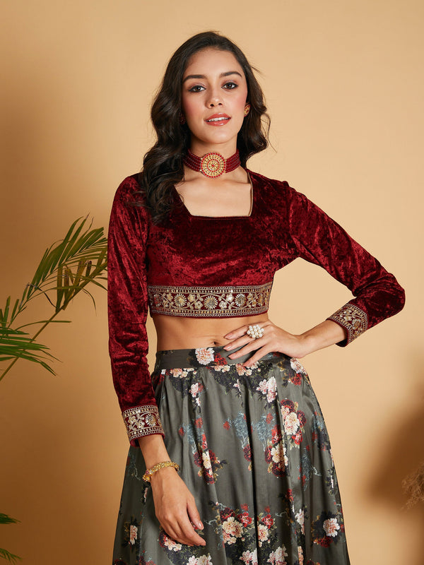 Women's Maroon Velvet Embroidered Crop Top - Lyush