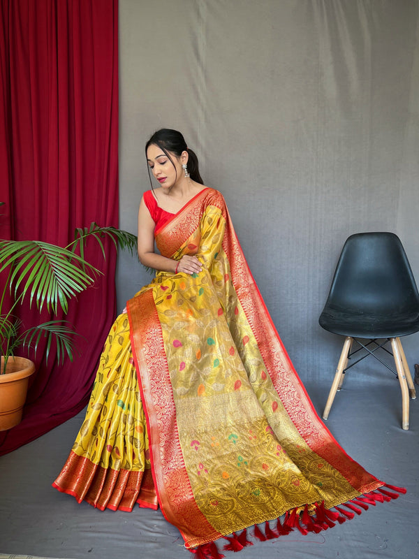 Women's Yellow Color Kanjeevaram Tissue Silk Sitara Jaal Meenakari Woven Saree Dusty Orange - TASARIKA