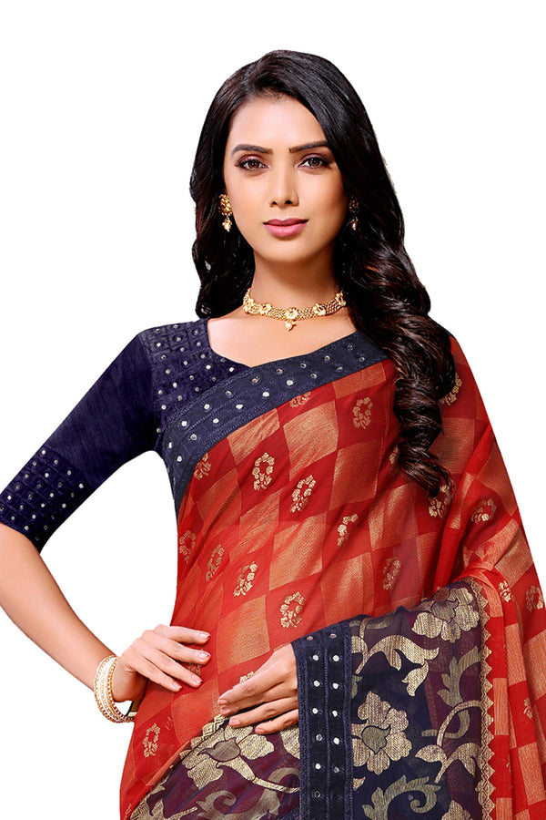 Women's Blue Designer Chiffon Brasso Saree With Mirror Work Lace - Vamika