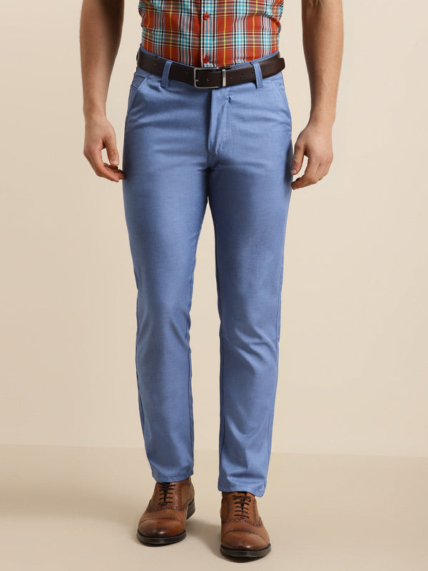 Men's Cotton Blend Sky Blue Solid Casual Trouser - Sojanya