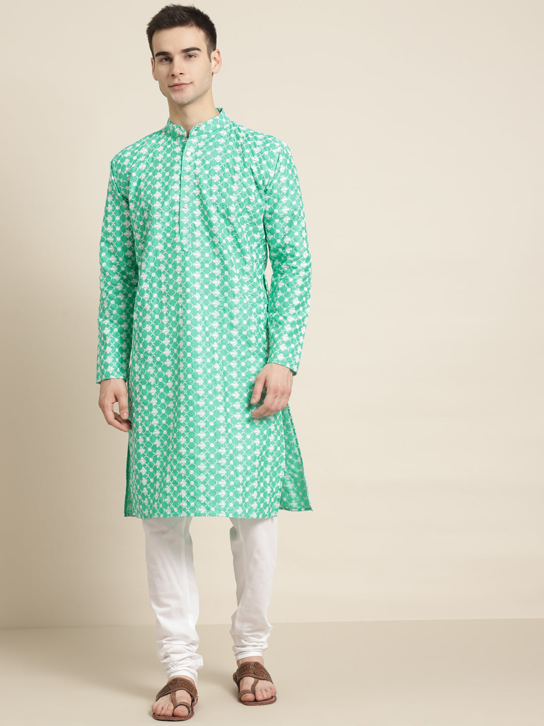 Men's Silk Blend Rama Green Embroidered Kurta & White Churidar Pyjama Set - Sojanya