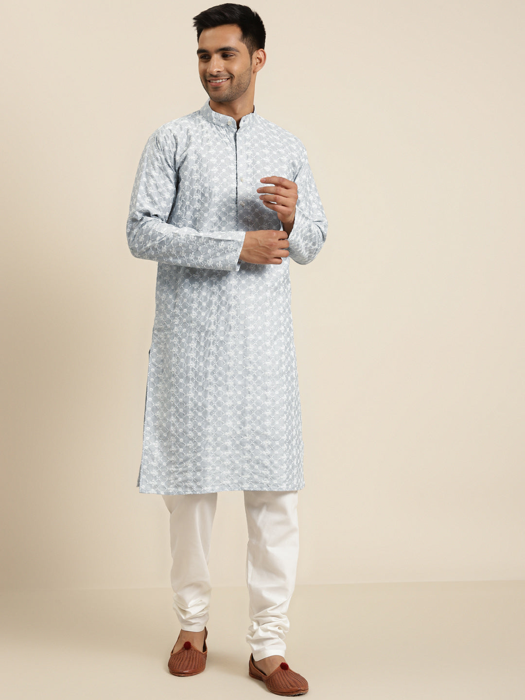 Men's Silk Blend Light Grey Embroidered Kurta & White Churidar Pyjama Set - Sojanya