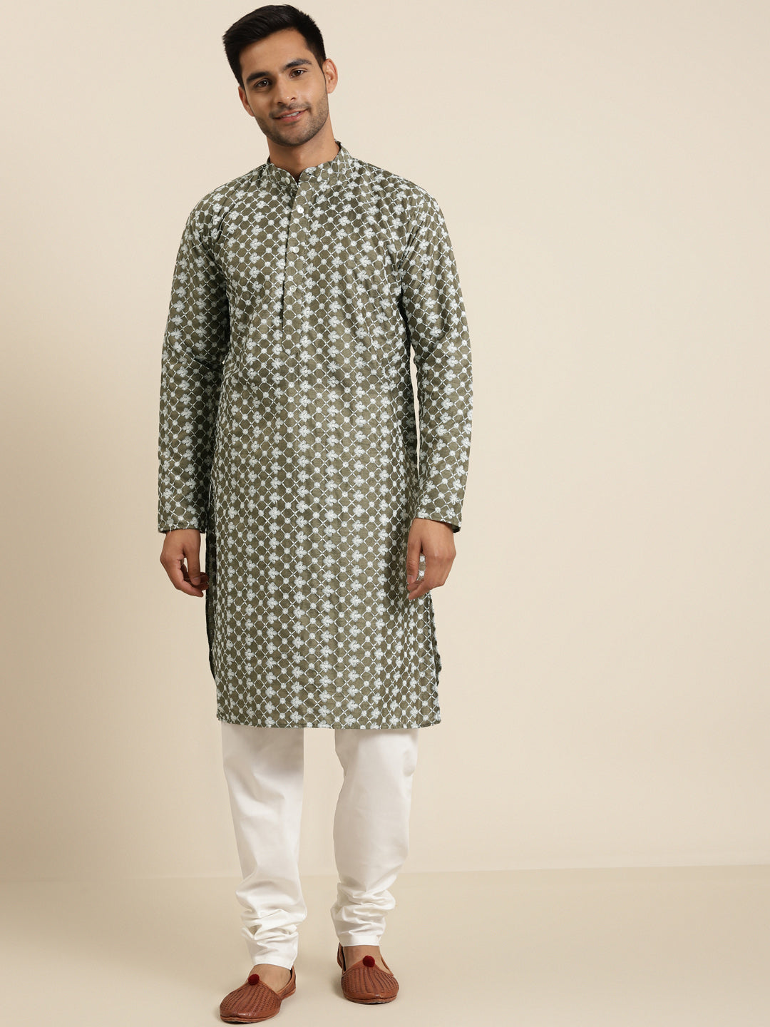 Men's Silk Blend Olive Embroidered Kurta & White Churidar Pyjama Set - Sojanya