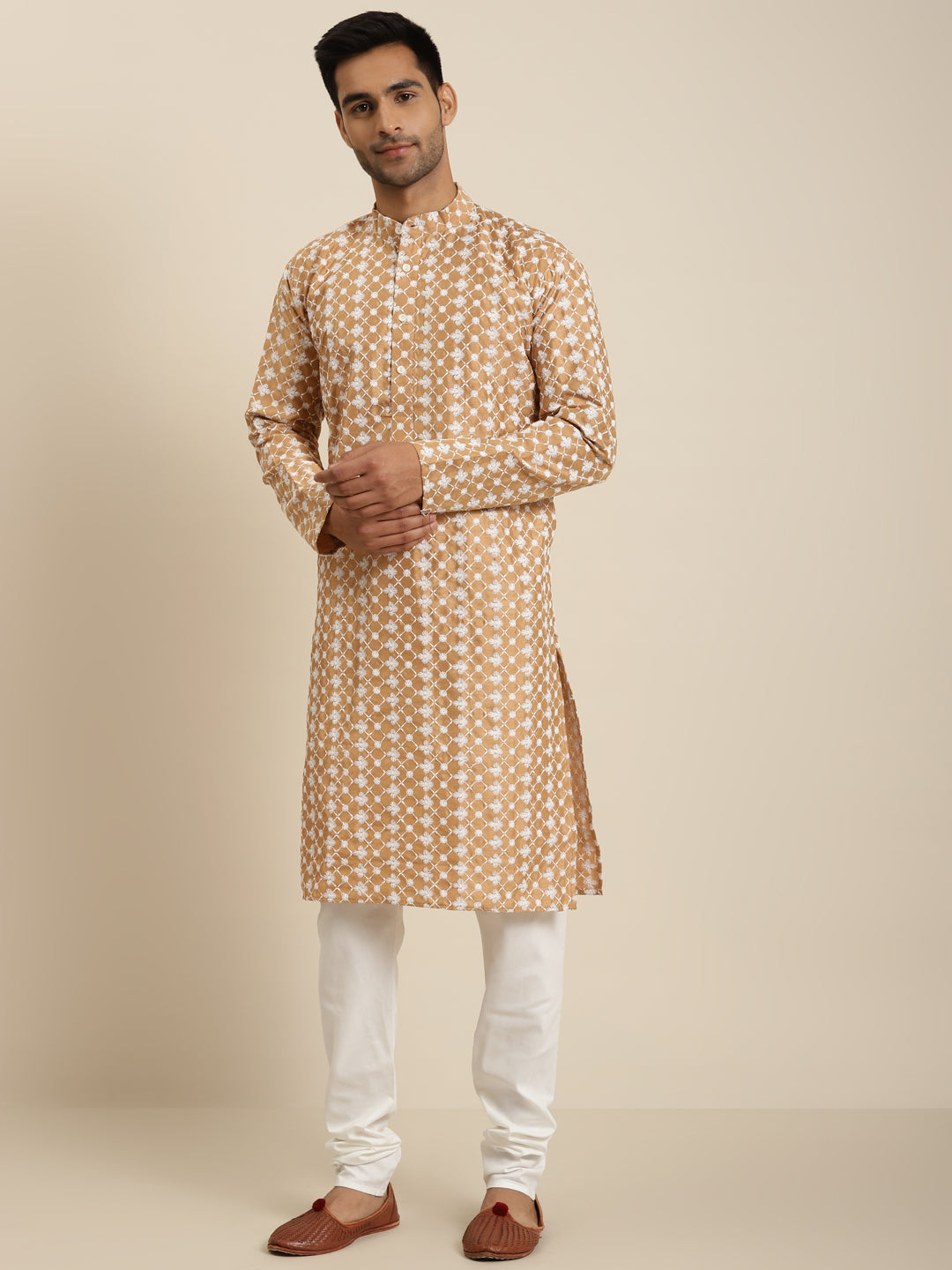 Men's Silk Blend Dark Gold Embroidered Kurta & White Churidar Pyjama Set - Sojanya