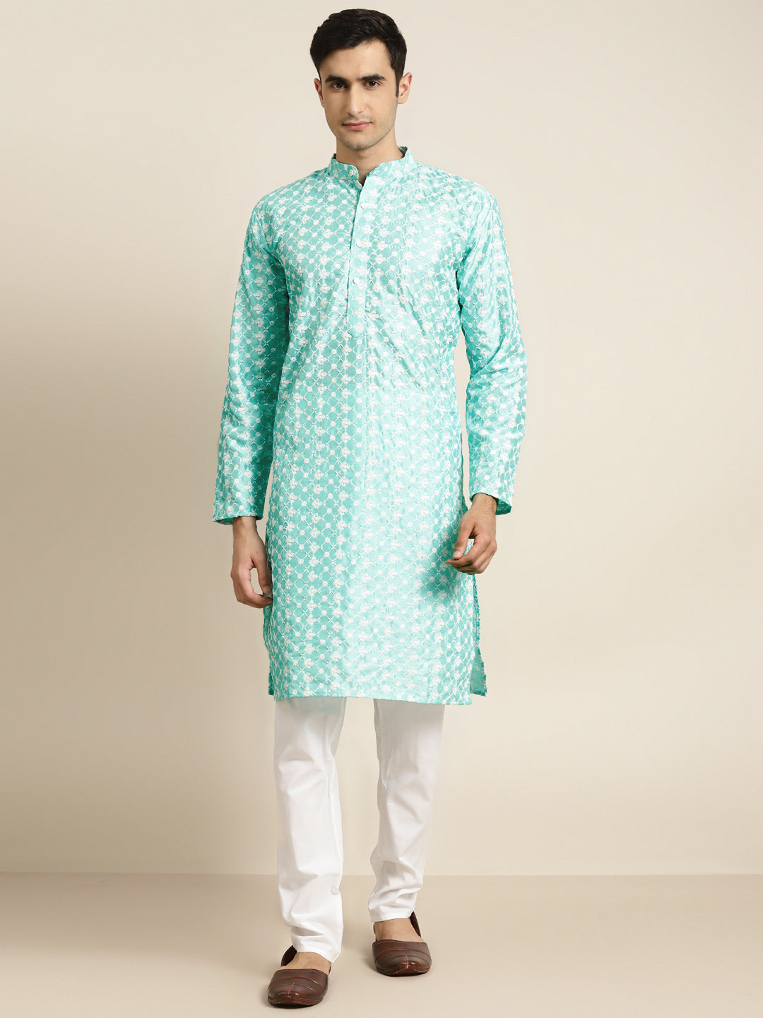 Men's Silk Blend Blue Embroidered Kurta & White Churidar Pyjama Set - Sojanya