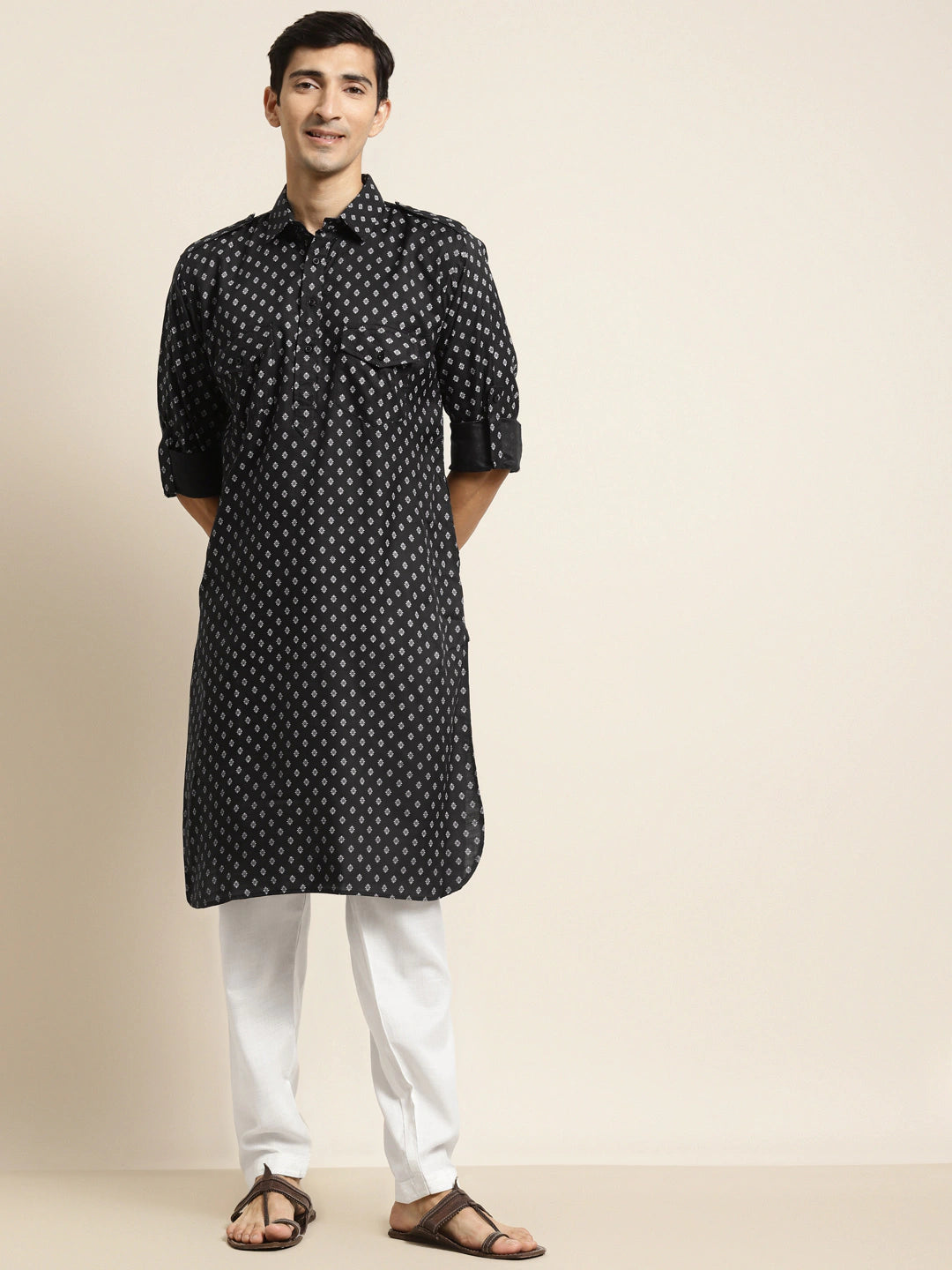 Men's Cotton Blend Black & White Pathani Kurta With Salwar Set - Sojanya