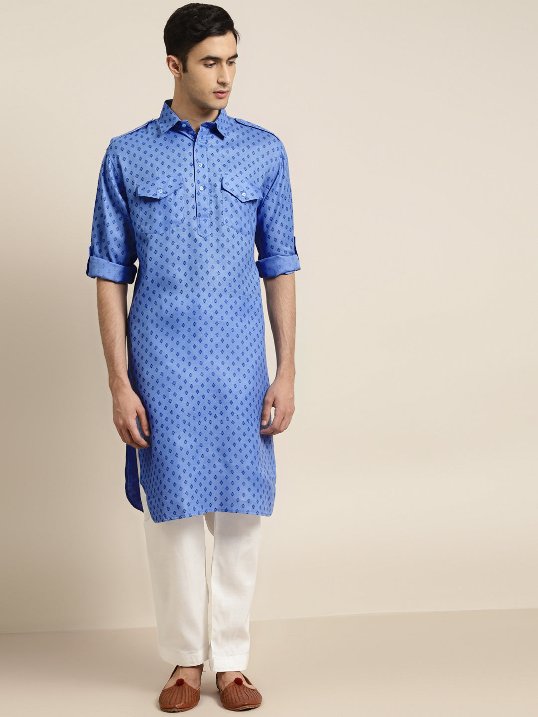 Men's Cotton Blend Blue Pathani Kurta With Salwar Set - Sojanya