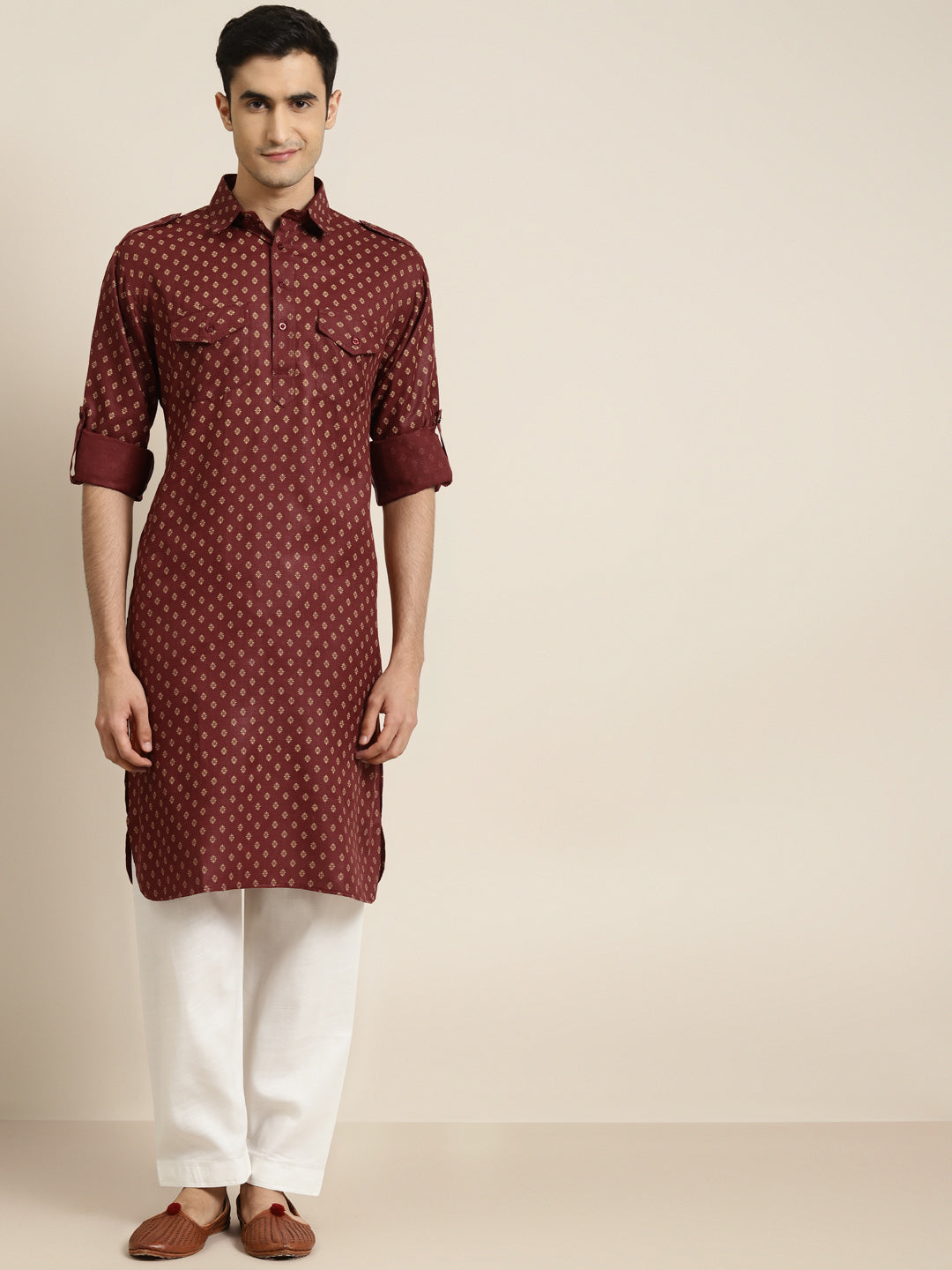 Men's Cotton Blend Maroon Pathani Kurta With Salwar Set - Sojanya