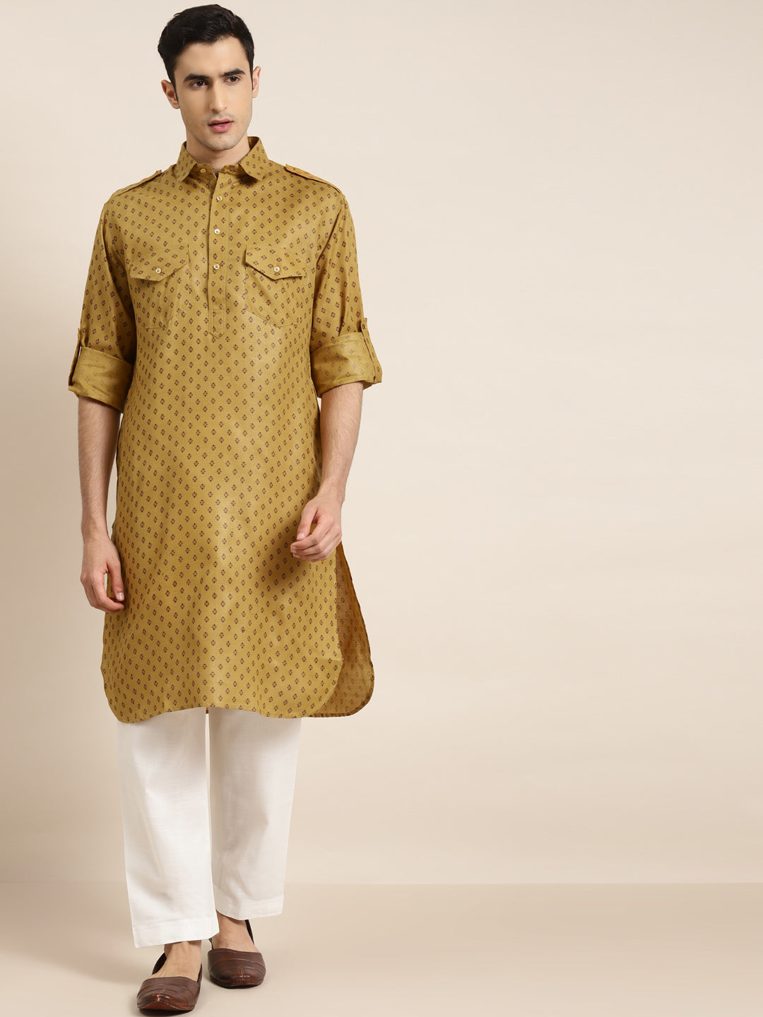 Men's Cotton Blend Mustard Pathani Kurta With Salwar Set - Sojanya