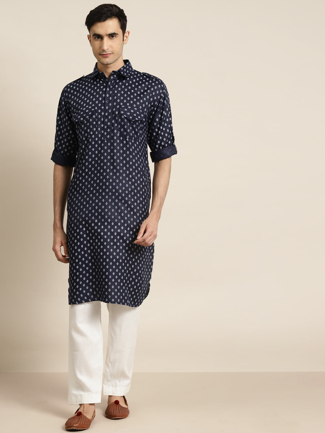 Men's Cotton Blend Navy Blue Pathani Kurta With Salwar Set - Sojanya