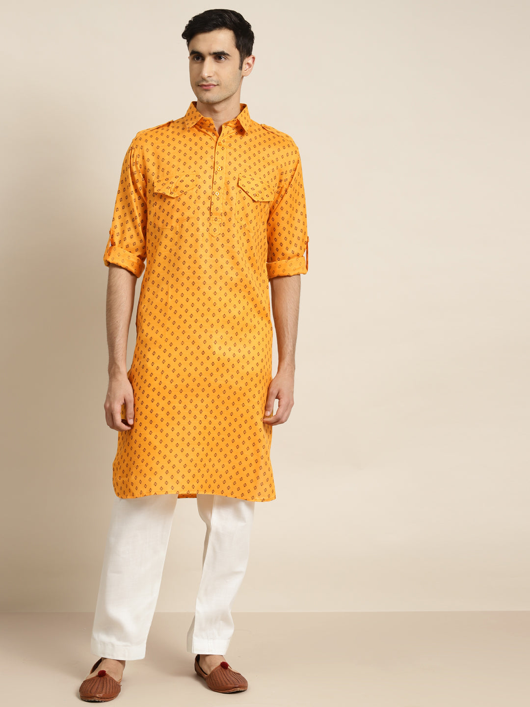 Men's Cotton Blend Orange Pathani Kurta With Salwar Set - Sojanya