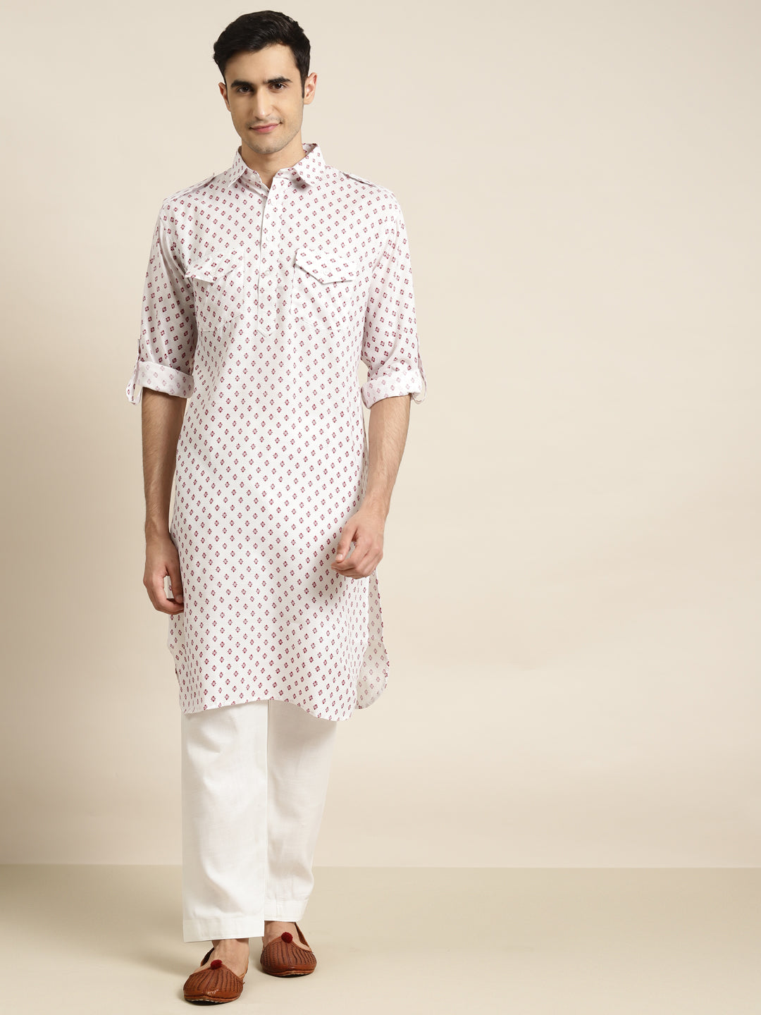 Men's Cotton Blend White Pathani Kurta With Salwar Set - Sojanya