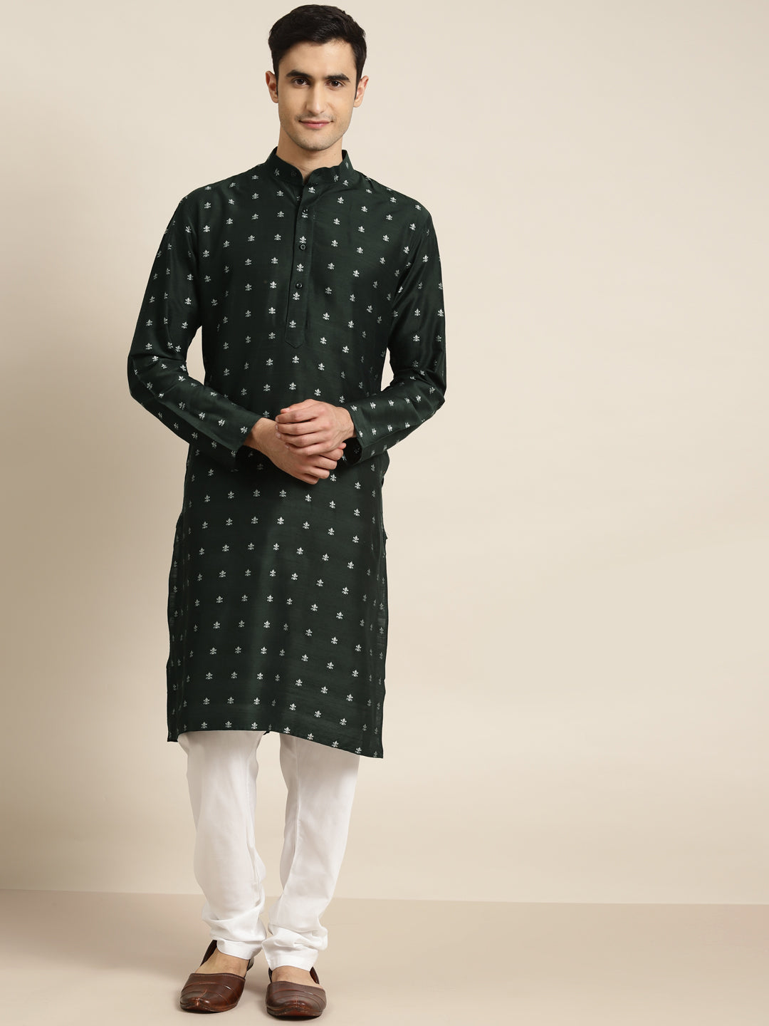 Men's Cotton Dark Green Kurta & White Churidar Pyjama Set - Sojanya