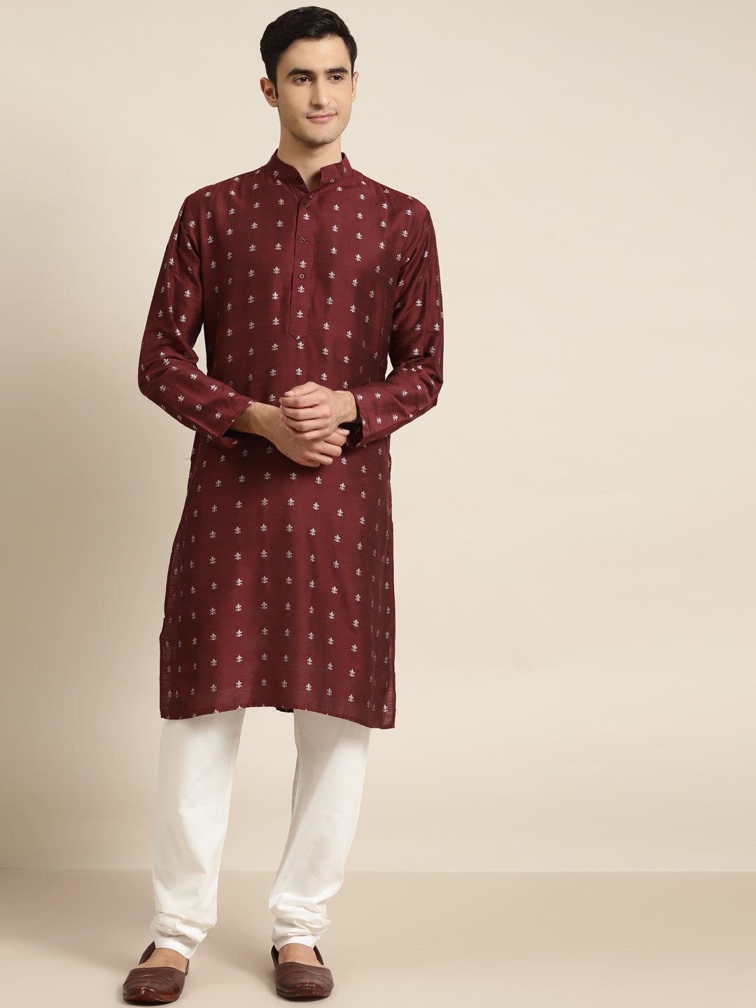 Men's Cotton Maroon Kurta & White Churidar Pyjama Set - Sojanya