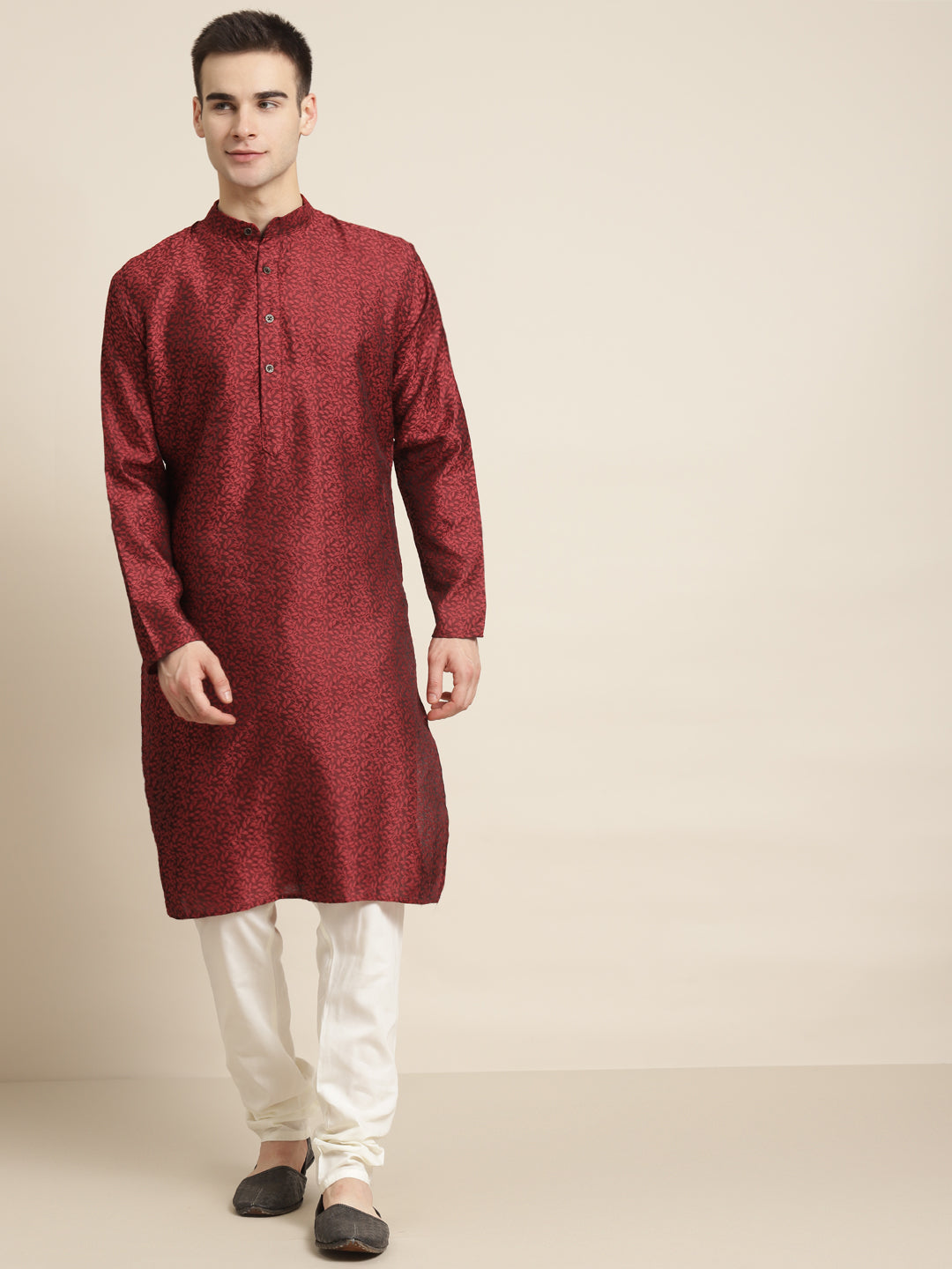 Men's Jacq Silk Maroon Self design Kurta & White Churidar Pyjama Set - Sojanya