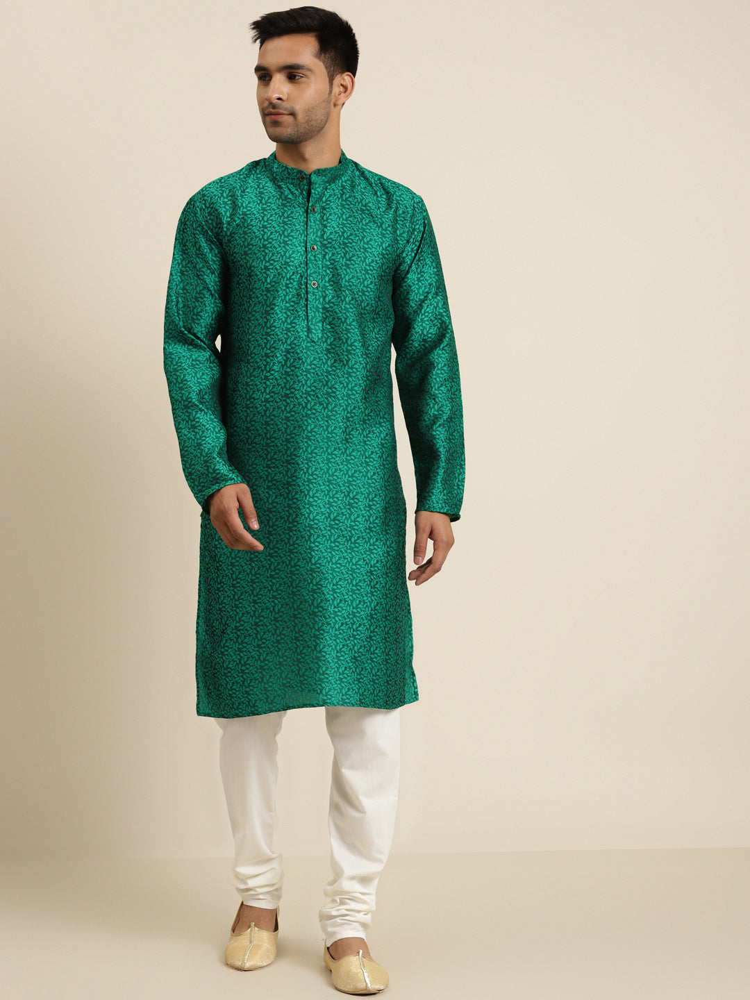 Men's Jacq Silk Dark green Self design Kurta & White Churidar Pyjama Set - Sojanya