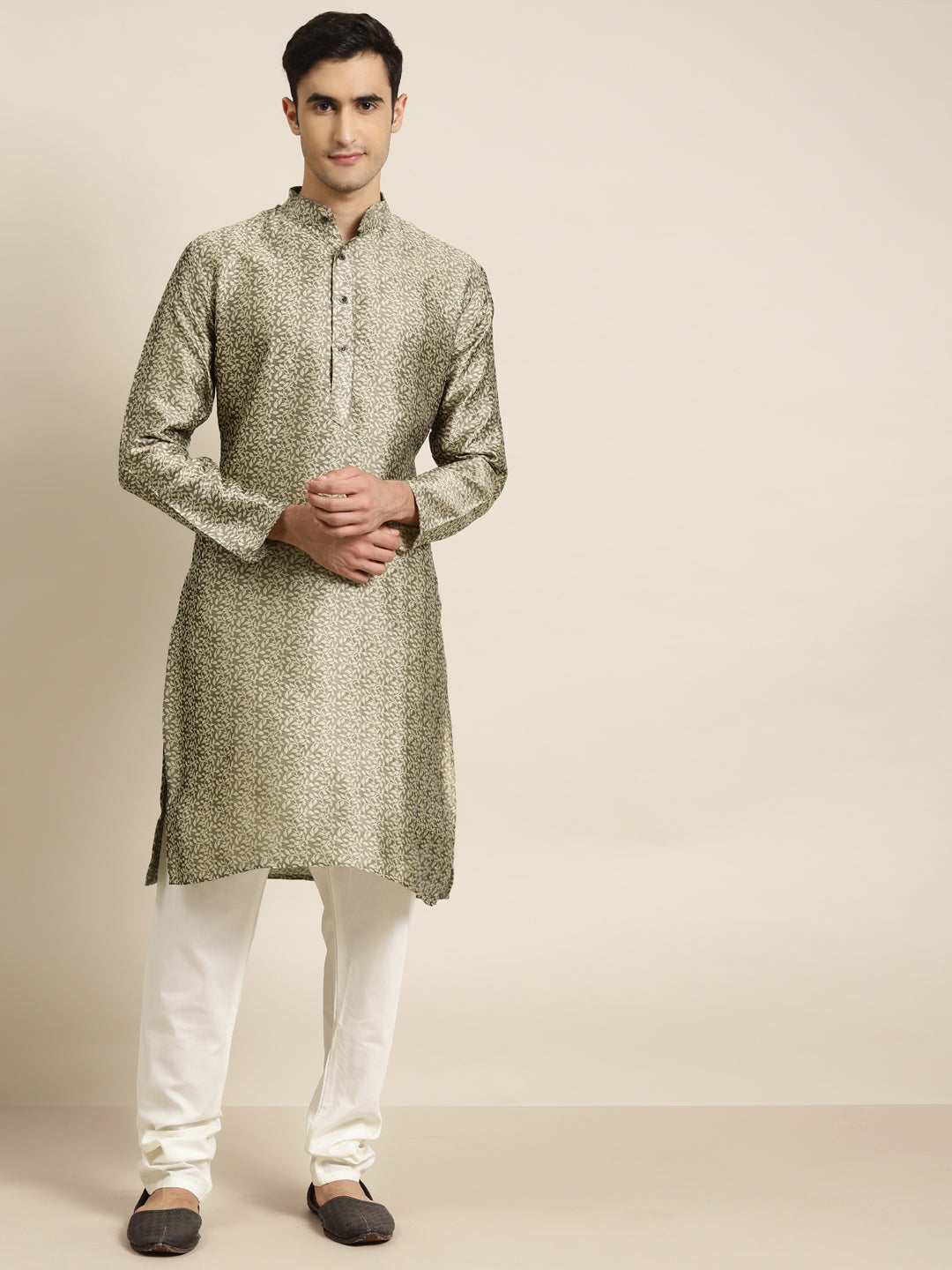 Men's Jacq Silk Beige Kurta & Off White Churidar Pyjama Set - Sojanya