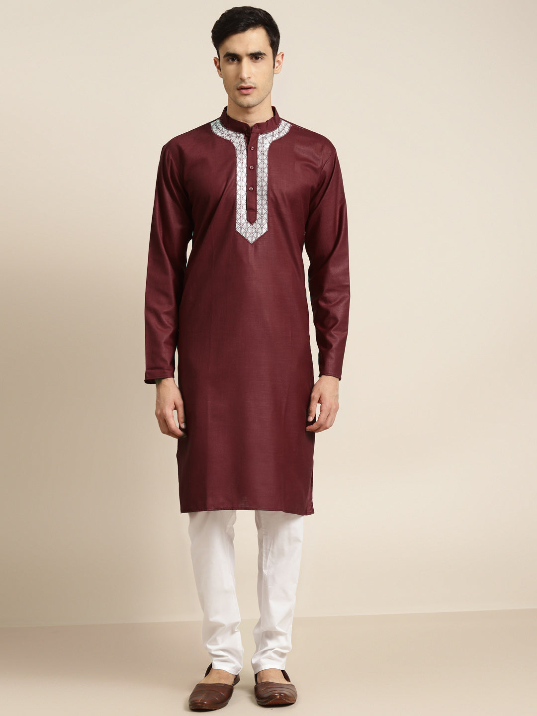 Men's Cotton Maroon Neck Embroidery Kurta & White Churidar Pyjama Set - Sojanya