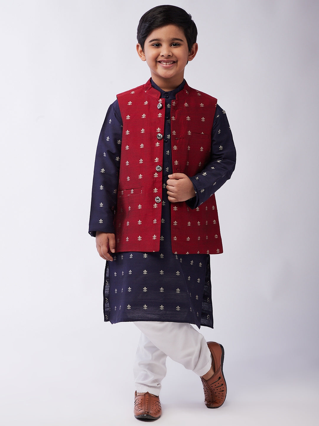 Kid's Cotton Blend Navy Blue Kurta & Maroon Nehru Jacket With White Churidar Pyjama Set Combo - Sojanya KID