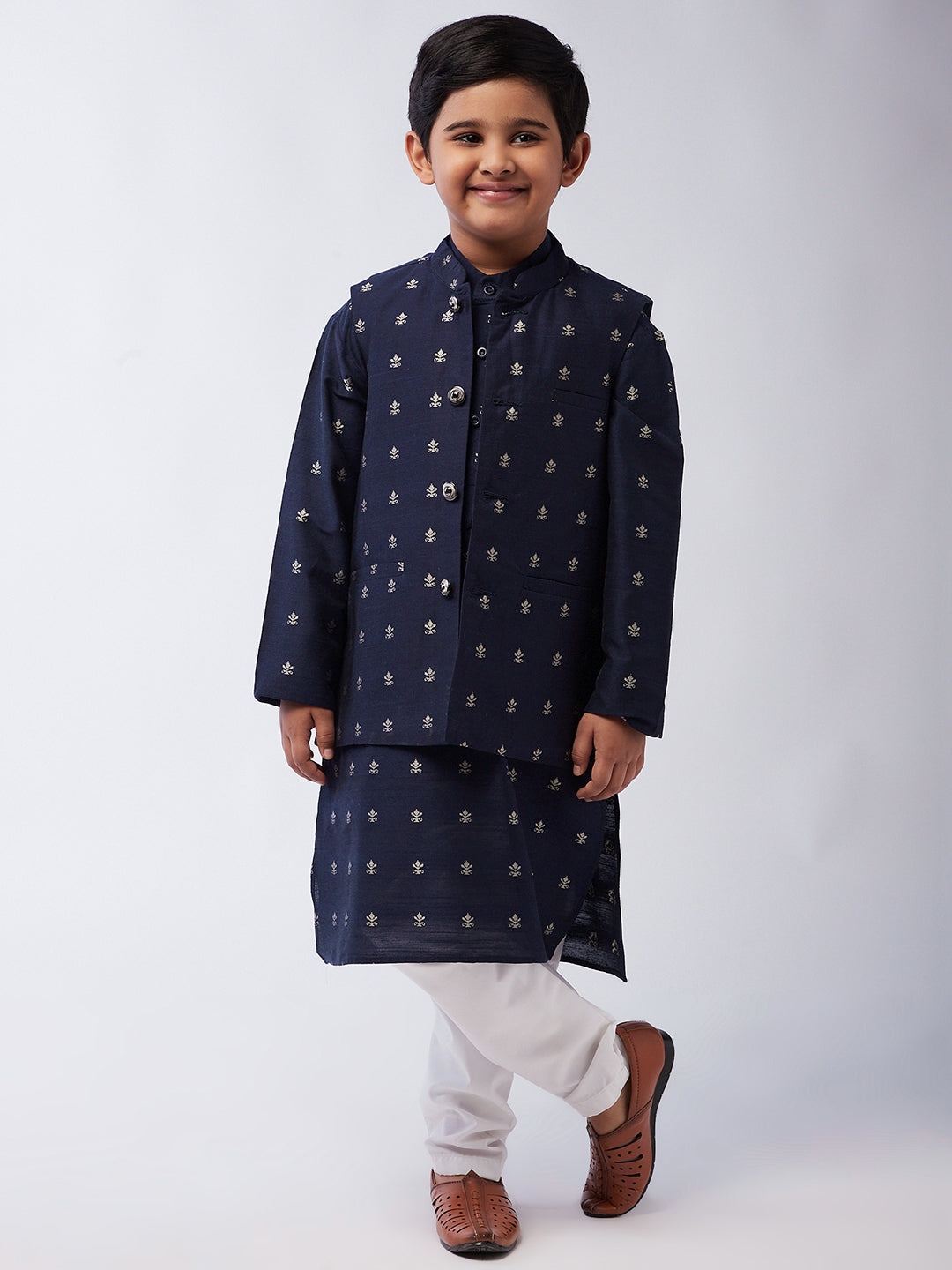 Kid's Cotton Blend Navy Blue Kurta & Navy Blue Nehru Jacket With White Churidar Pyjama Set Combo - Sojanya KID