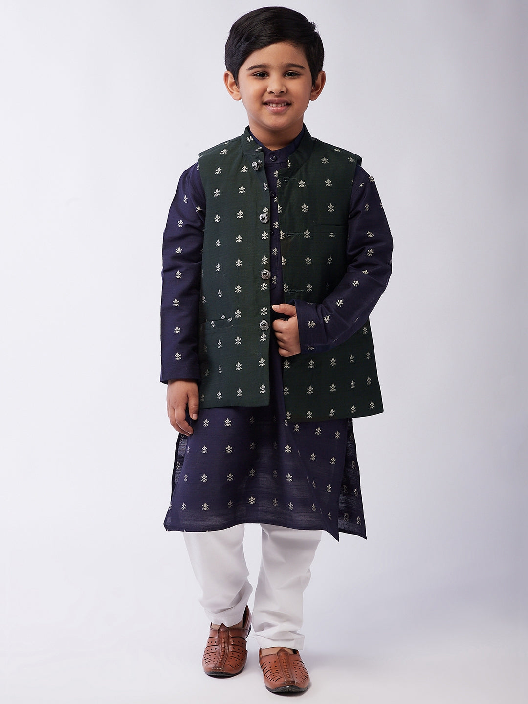 Kid's Cotton Blend Navy Blue Kurta & Dark Green Nehru Jacket With White Churidar Pyjama Set  - Sojanya KID