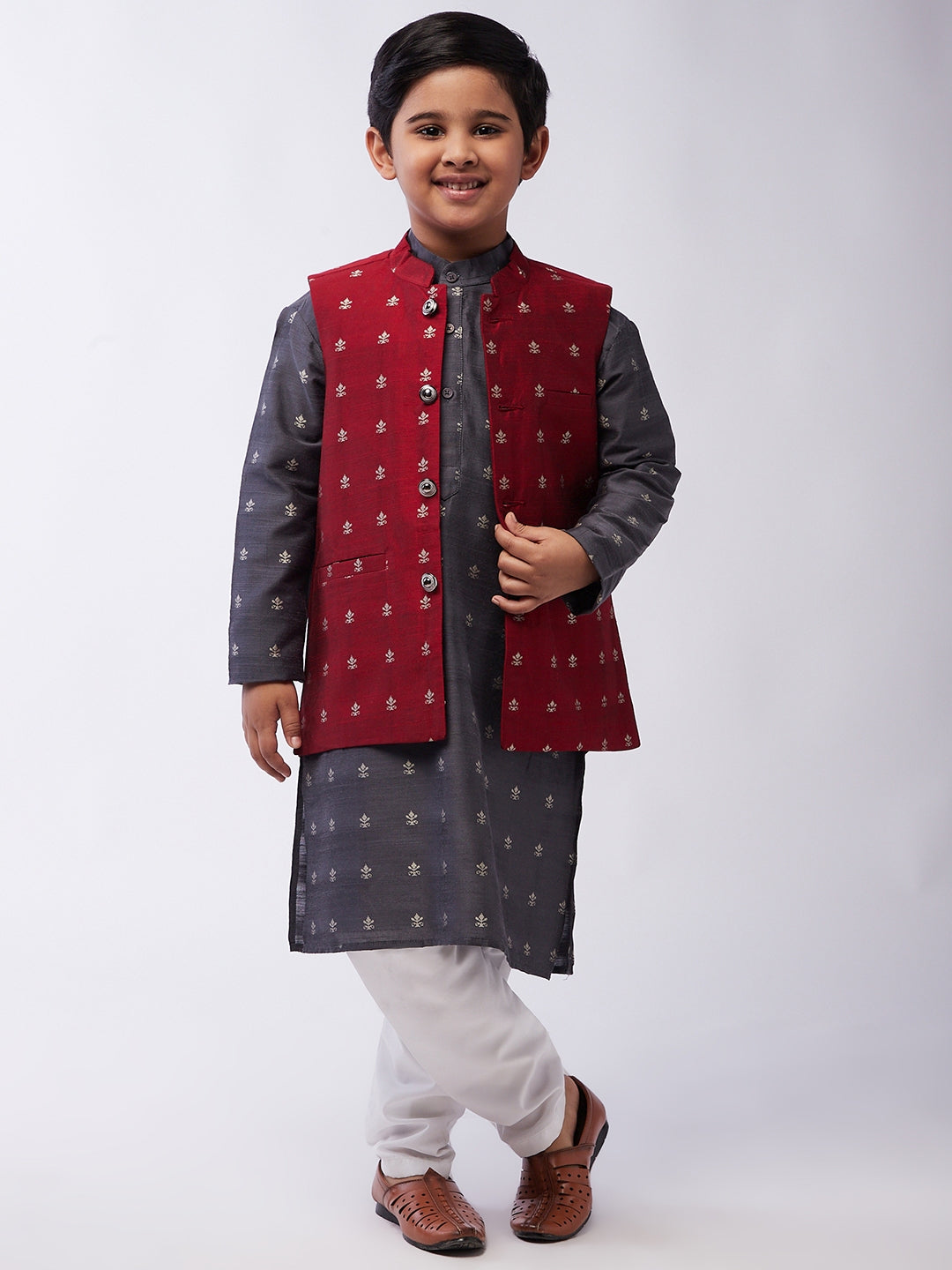 Kid's Cotton Blend Grey Kurta & Maroon Nehru Jacket With White Churidar Pyjama Set  - Sojanya KID