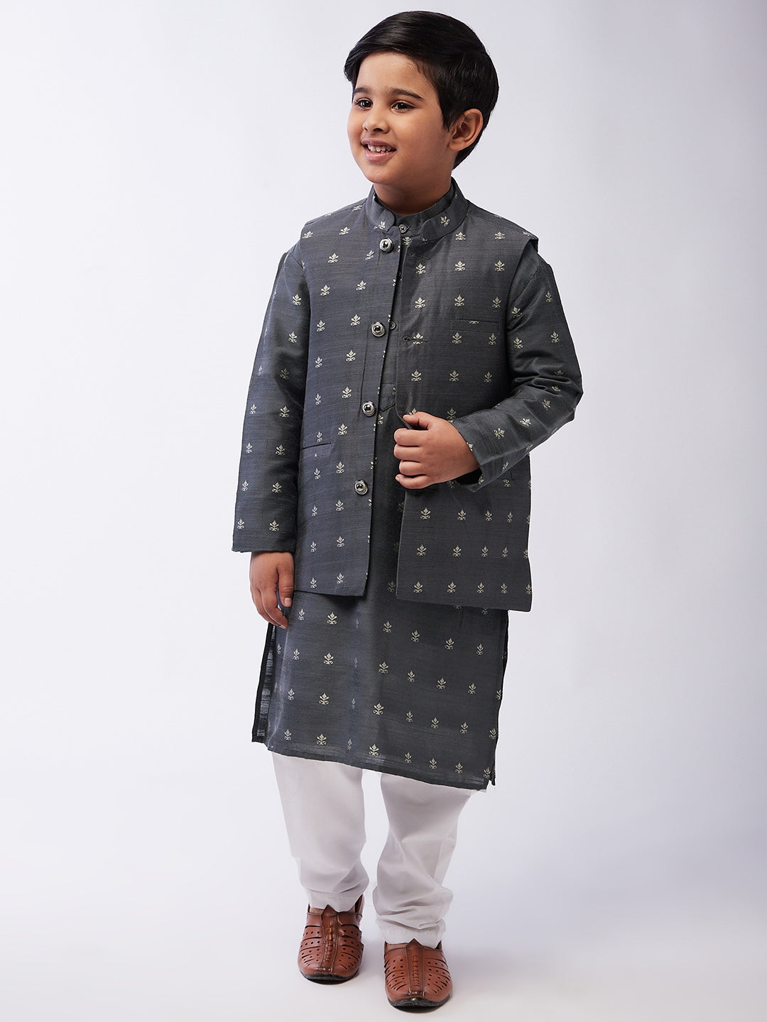 Kid's Cotton Blend Grey Kurta & Grey Nehru Jacket With White Churidar Pyjama Set  - Sojanya KID