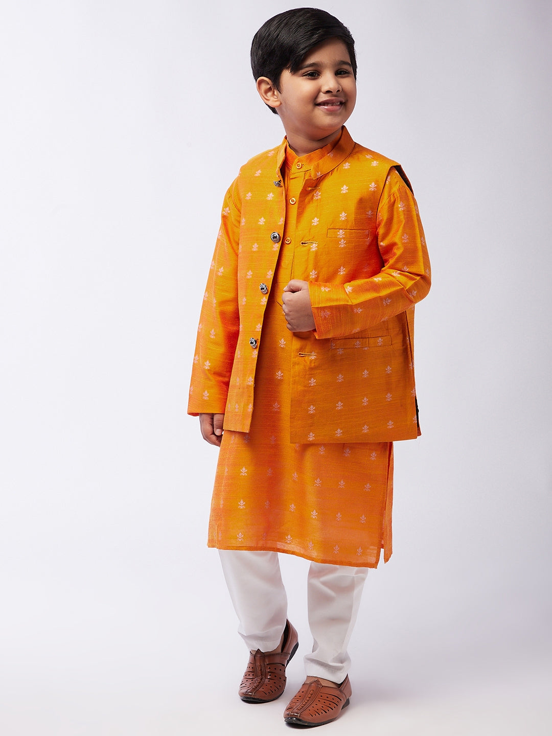 Kid's Cotton Blend Orange Kurta & Orange Nehru Jacket With White Churidar Pyjama Set  - Sojanya KID