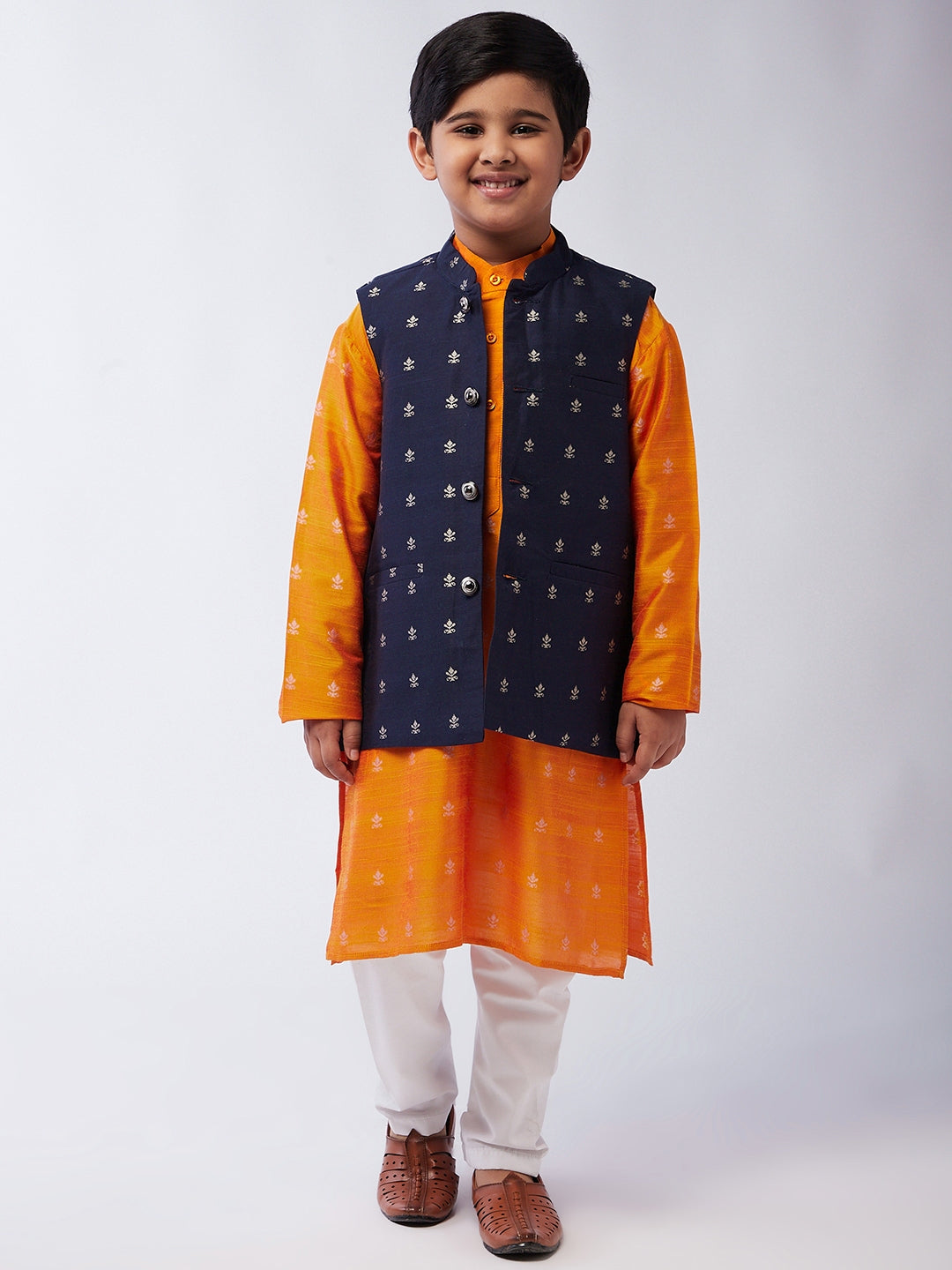 Kid's Cotton Blend Orange Kurta & Navy Blue Nehru Jacket With White Churidar Pyjama Set  - Sojanya KID