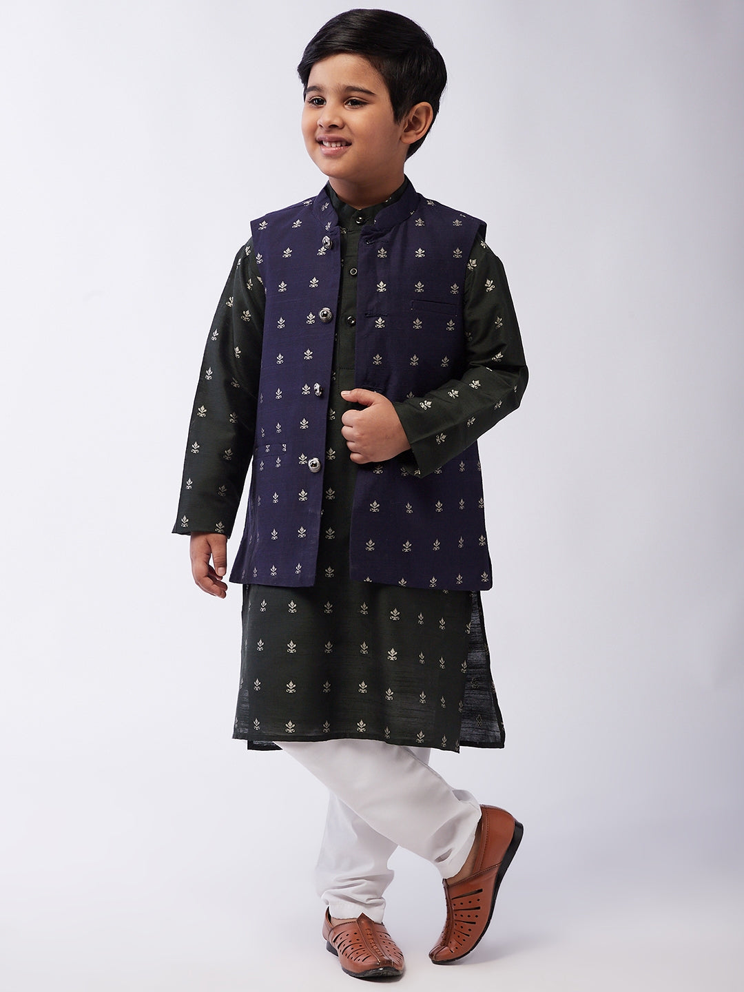 Kid's Cotton Blend Dark Green Kurta & Navy Blue Nehru Jacket With White Churidar Pyjama Set - Sojanya KID