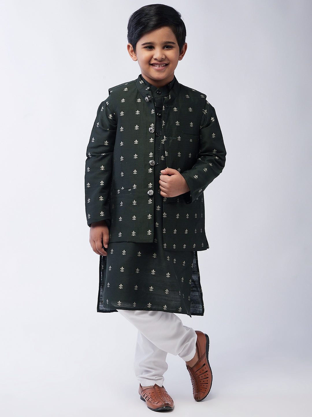 Kid's Cotton Blend Dark Green Kurta & Dark Green Nehru Jacket With White Churidar Pyjama Set - Sojanya KID