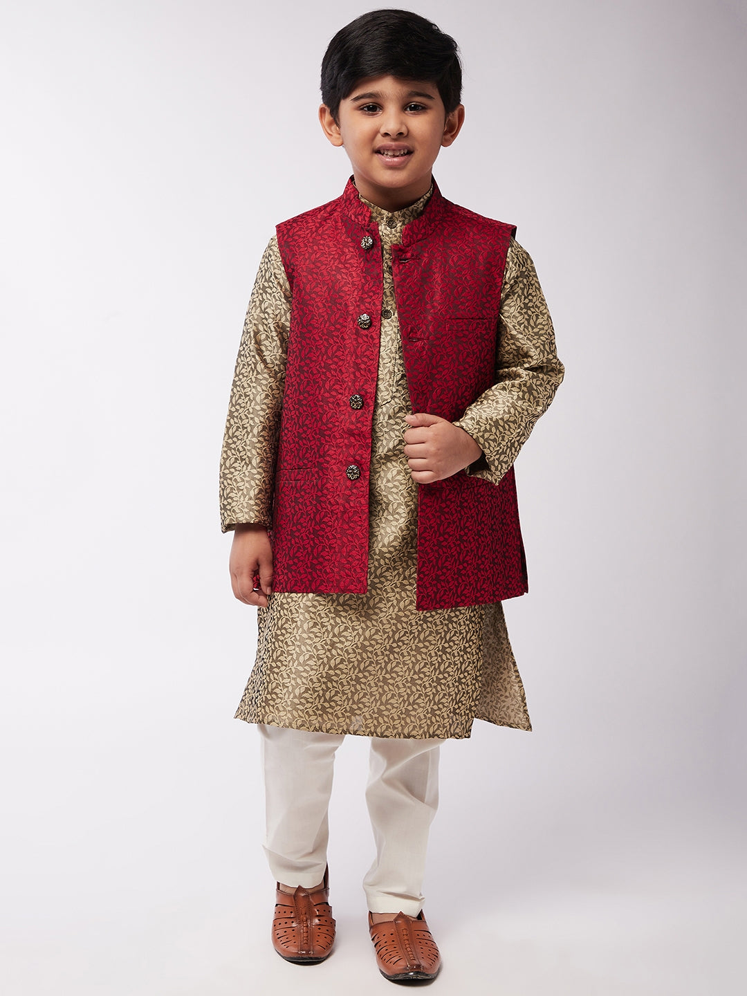 Kid's Jacquard Silk Beige Kurta & Red Nehrujacket With Off-White Churidar Pyjama Set  - Sojanya KID