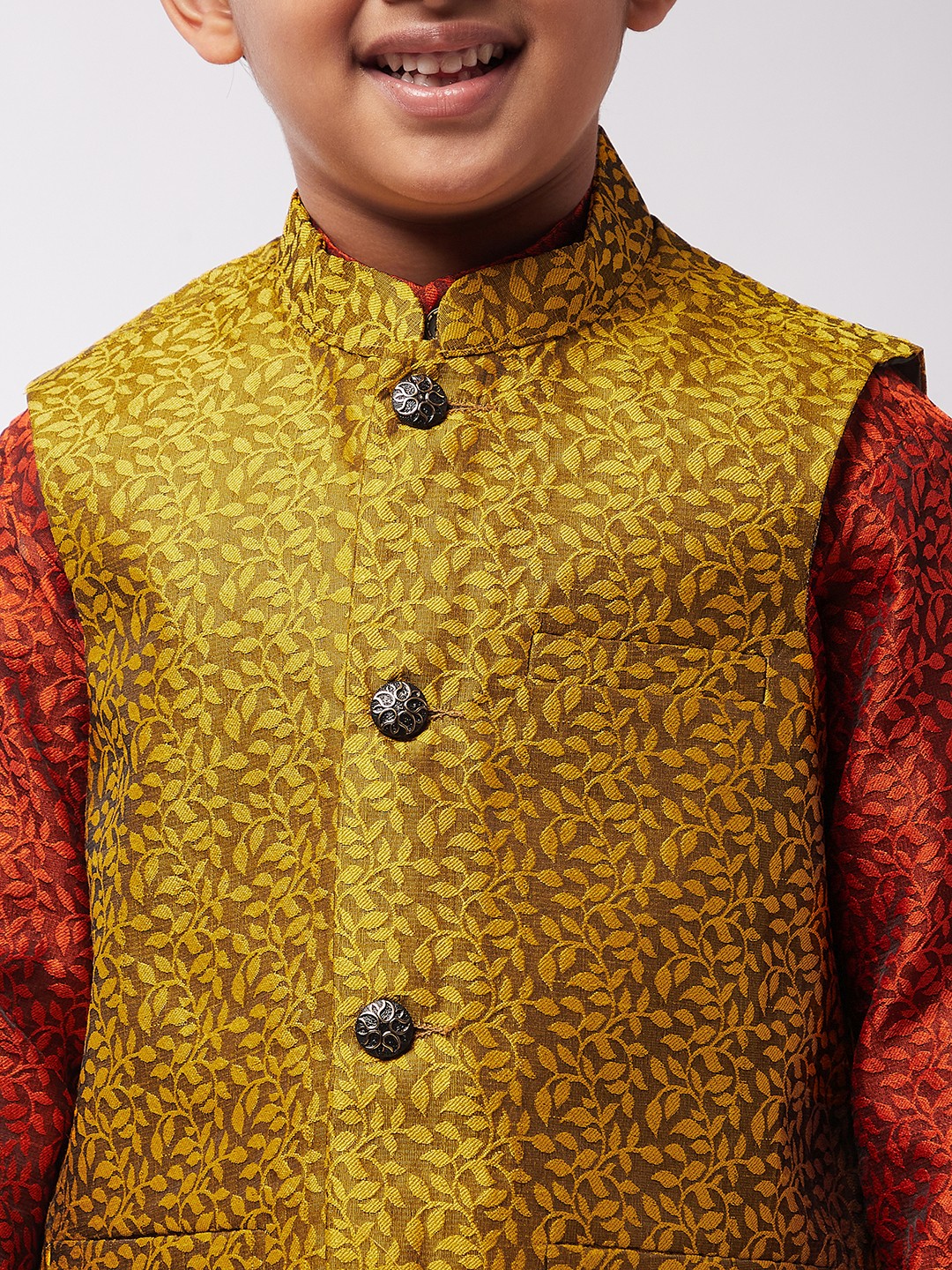 Kid's Jacquard Silk Orange Kurta & Mustard Nehrujacket With Off-White Churidar Pyjama Set - Sojanya KID