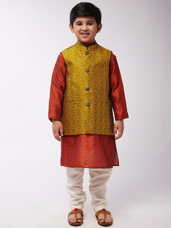 Kid's Jacquard Silk Orange Kurta & Mustard Nehrujacket With Off-White Churidar Pyjama Set - Sojanya KID