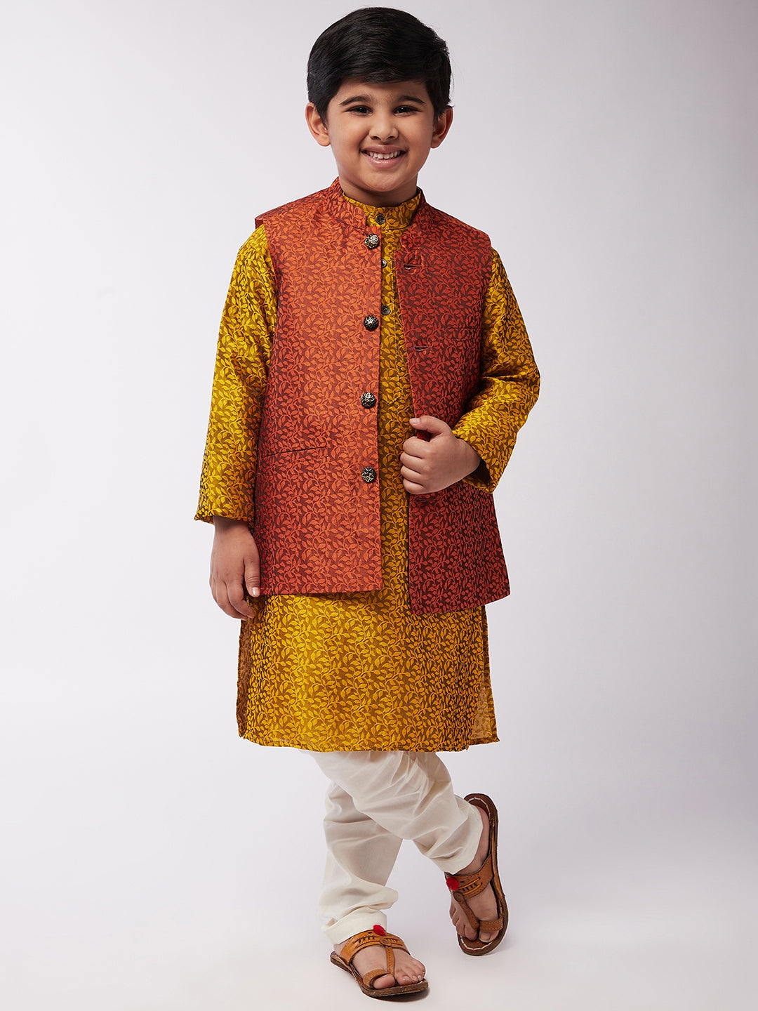 Kid's Jacquard Silk Mustard Kurta & Orange Nehrujacket With Off-White Churidar Pyjama Set  - Sojanya KID