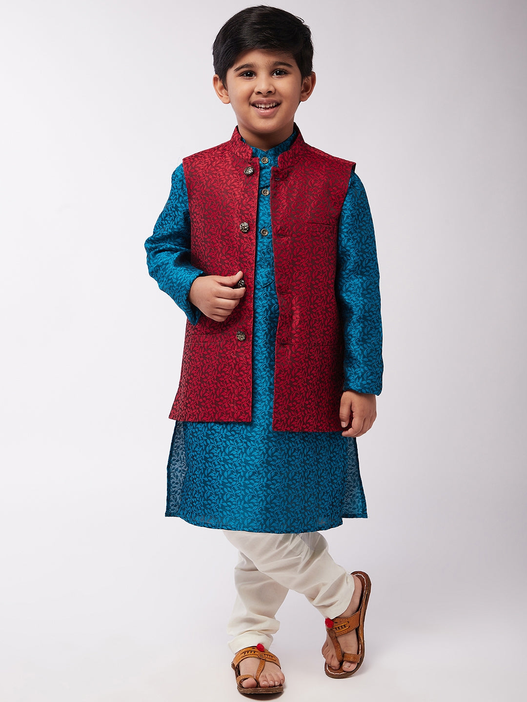 Kid's Jacquard Silk Teal Blue Kurta & Red Nehrujacket With Off-White Churidar Pyjama Set  - Sojanya KID