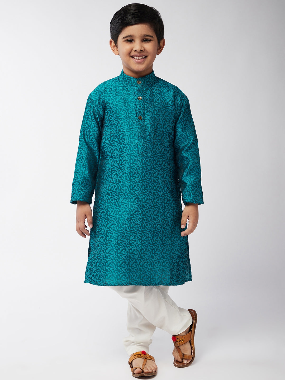 Kid's Jacquard Silk Teal Blue Self Design Kurta & Off-White Churidar Pyjama Set - Sojanya KID