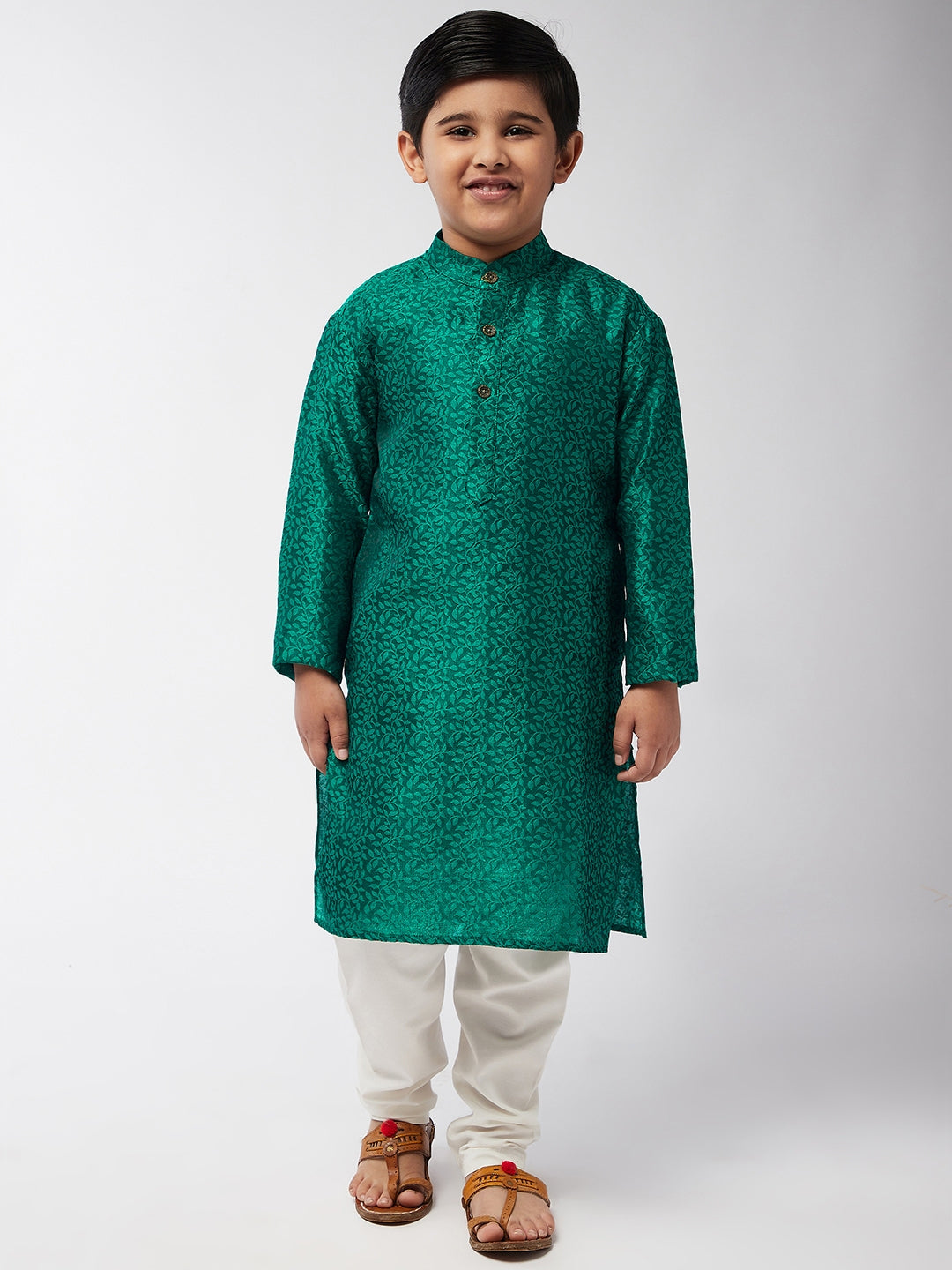 Kid's Jacquard Silk Dark Green Self Design Kurta & Off-White Churidar Pyjama Set  - Sojanya KID