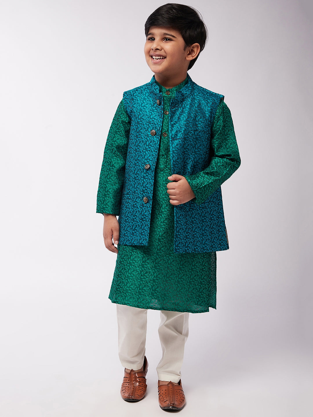 Kid's Jacquard Silk Dark Green Kurta & Turquoise Blue Nehrujacket With Off-White Churidar Pyjama Set - Sojanya KID