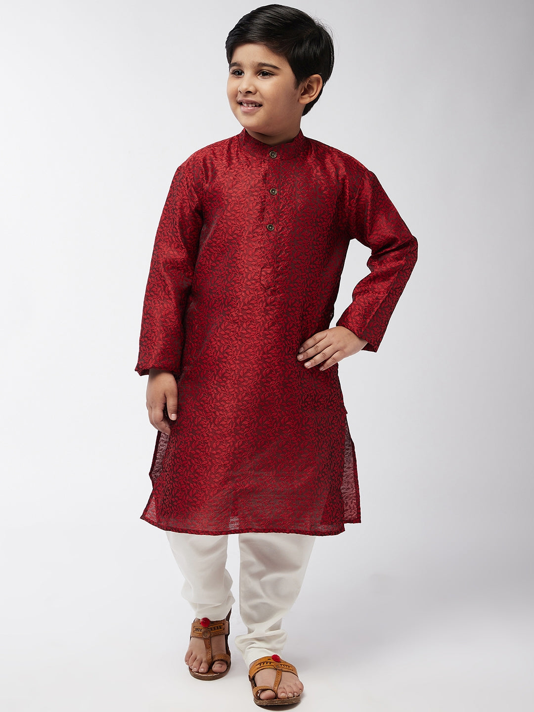 Kid's Jacquard Silk Maroon Self Design Kurta & Off-White Churidar Pyjama Set  - Sojanya KID