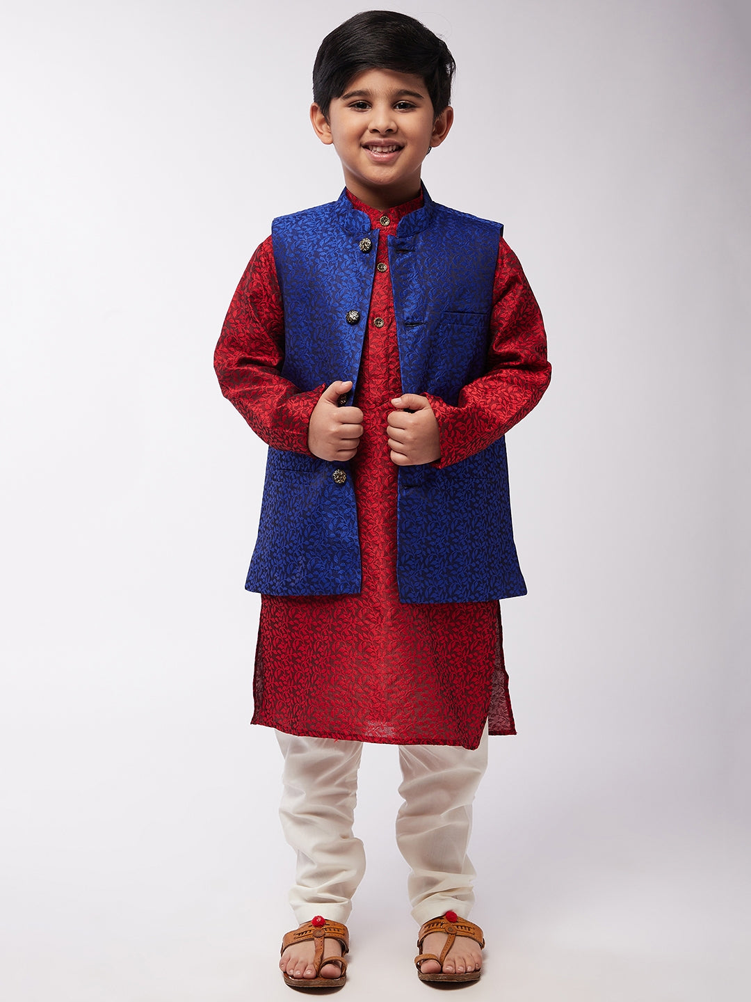 Kid's Jacquard Silk Maroon Kurta & RBlue Nehrujacket With Off-White Churidar Pyjama Set  - Sojanya KID