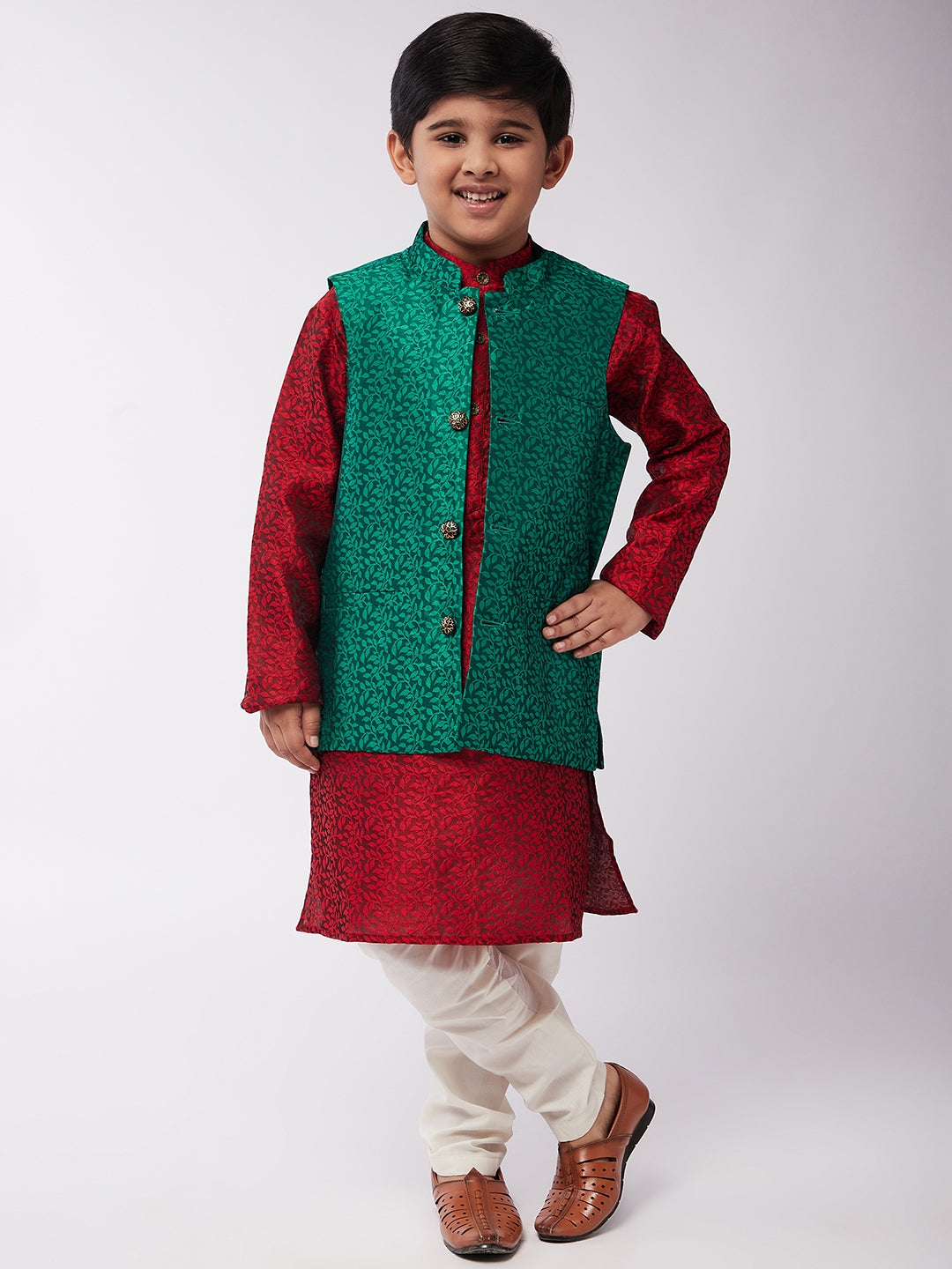 Kid's Jacquard Silk Maroon Kurta & Dark Green Nehrujacket With Off-White Churidar Pyjama Set  - Sojanya KID