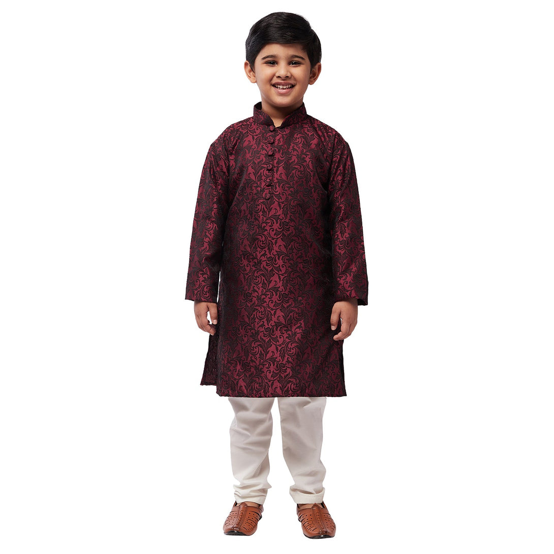 Kid's Silk Blend Maroon Kurta & Off-White Churidar Pyjama set - Sojanya KID