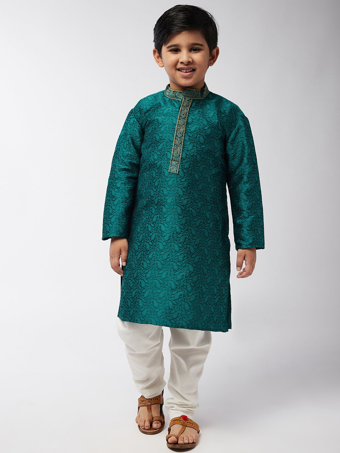 Kid's Silk Blend Teal Green Self Design Kurta & Off-White Churidar Pyjama Set  - Sojanya KID