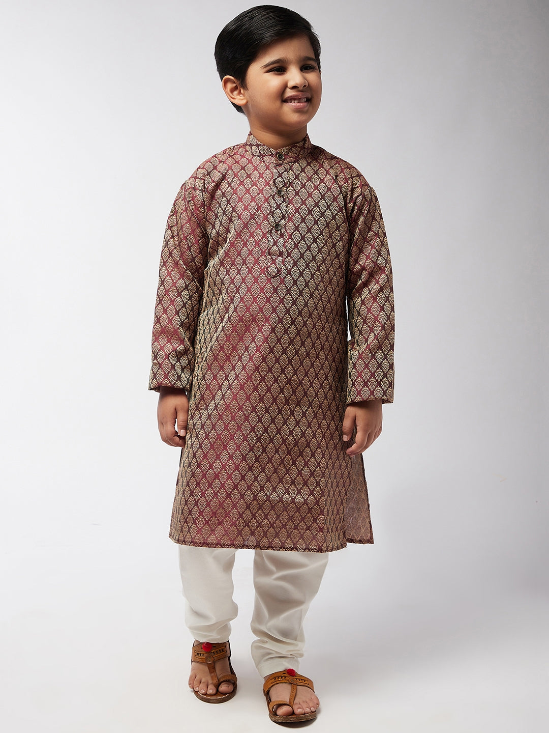 Kid's Jacquard Silk Maroon Self design Kurta & Off-White Churidar Pyjama Set - Sojanya KID