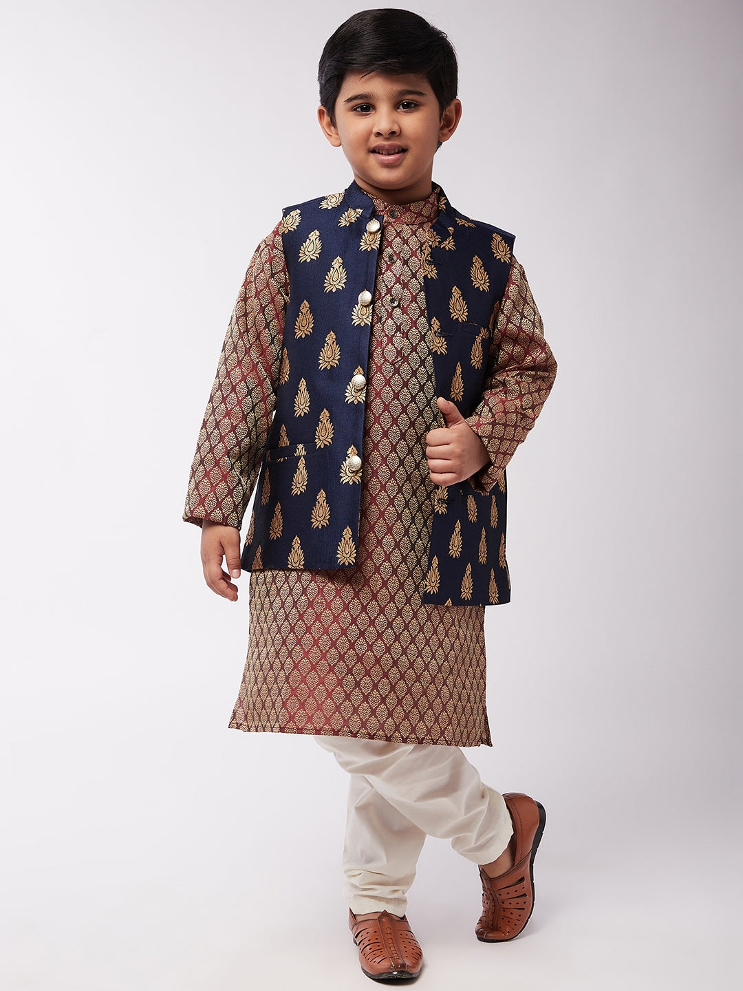 Kid's Jacquard Silk Maroon Kurta & Navy Blue Nehrujacket With Off-White Churidaar Pyjama Combo - Sojanya KID