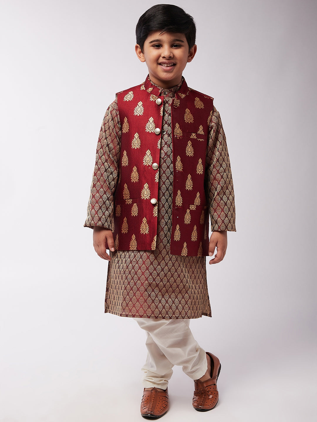 Kid's Jacquard Silk Maroon Kurta & Maroon Nehrujacket With Off-White Churidaar Pyjama Combo - Sojanya KID