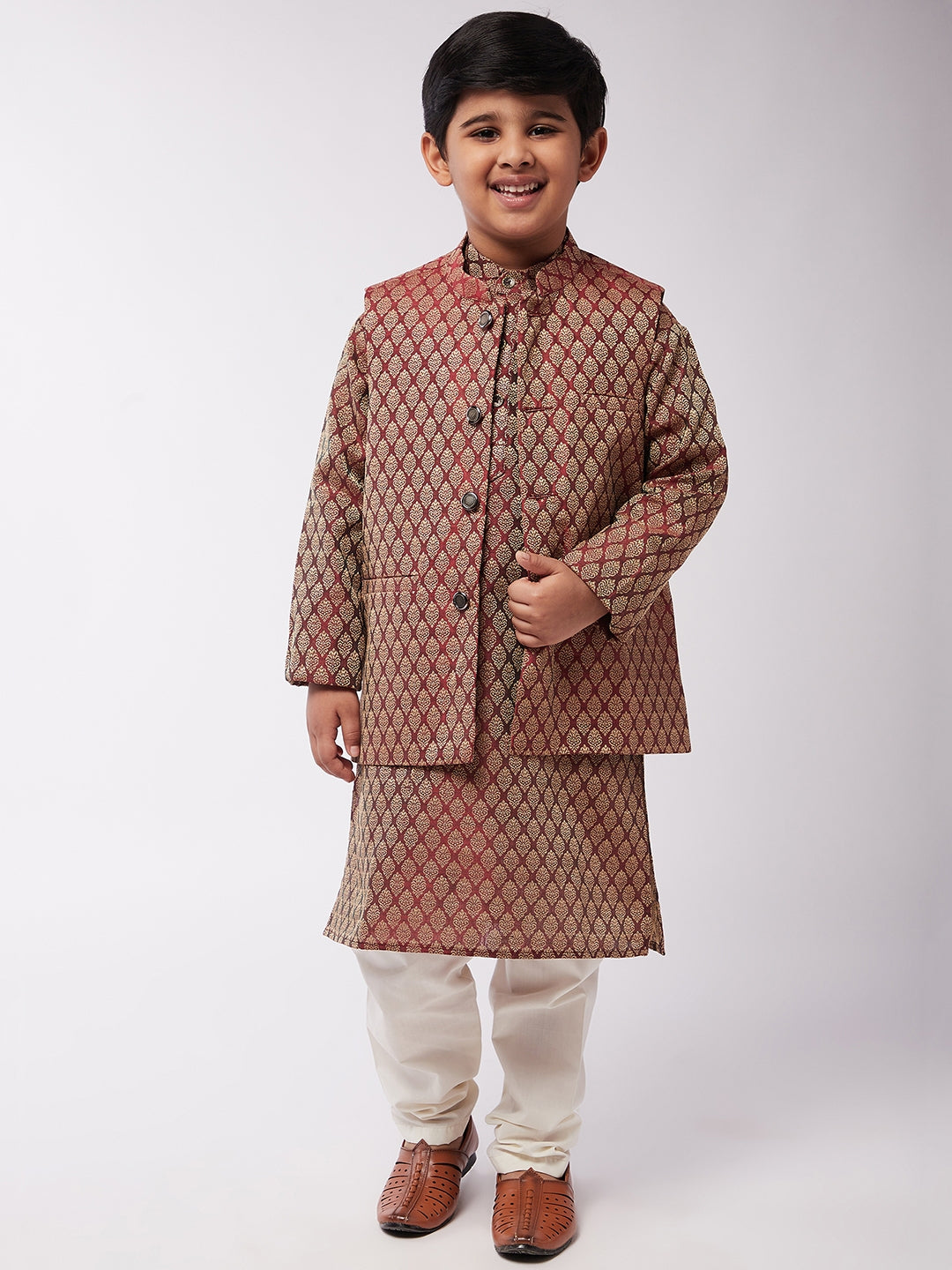 Kid's Jacquard Silk Maroon Kurta & Maroon Nehrujacket With Off-White Churidaar Pyjama Combo - Sojanya KID