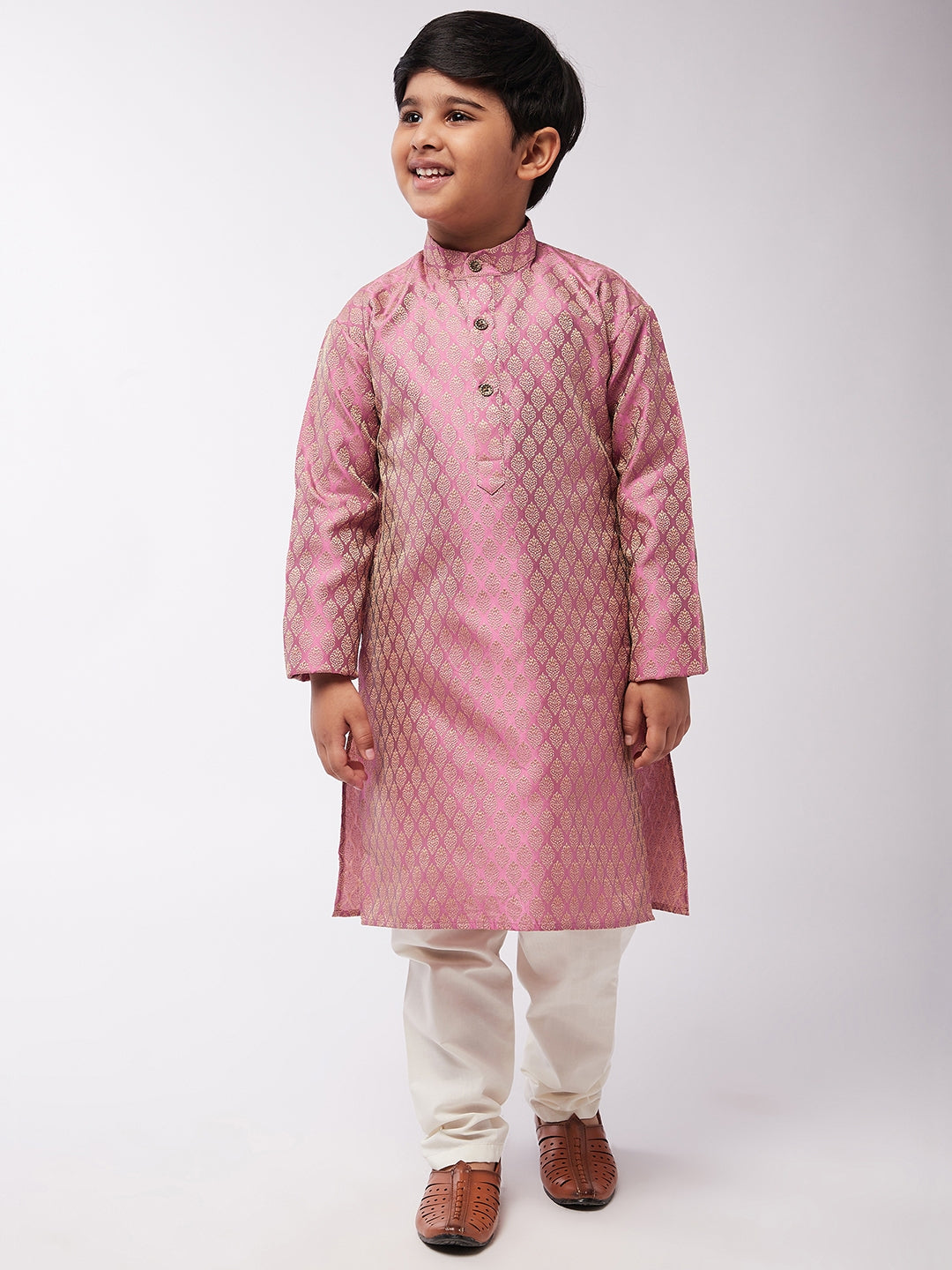 Kid's Jacquard Silk Pink Self design Kurta & Off-White Churidar Pyjama Set - Sojanya KID