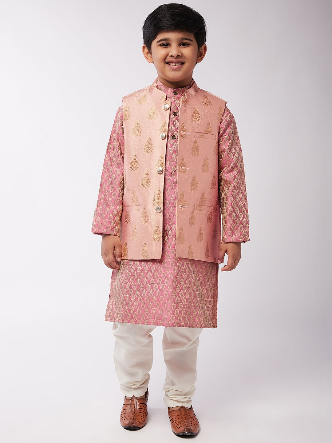 Kid's Jacquard Silk Pink Kurta & Peach Nehrujacket With Off-White Churidaar Pyjama Combo - Sojanya KID